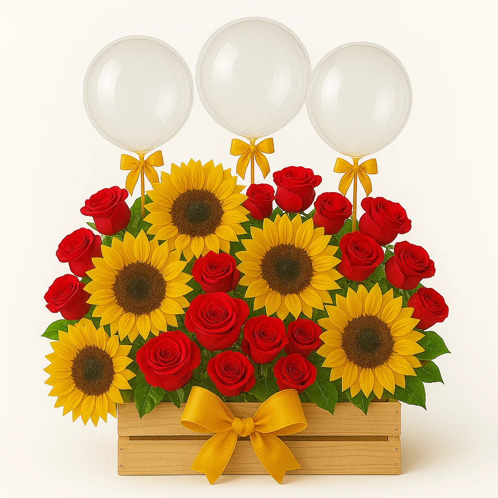 Arreglo con globos en caja de madera