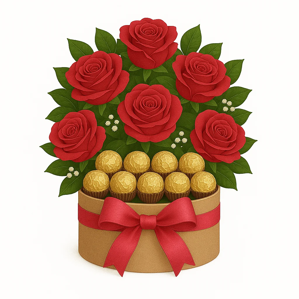Arreglo en Caja con rosas rojas y chocolates