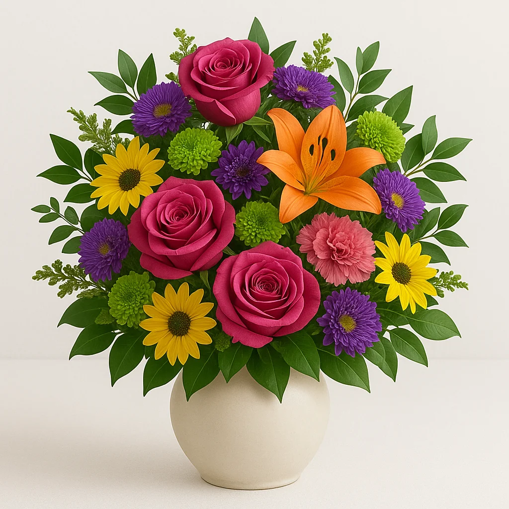 Arreglo en jarrón con flores mixtas y follaje