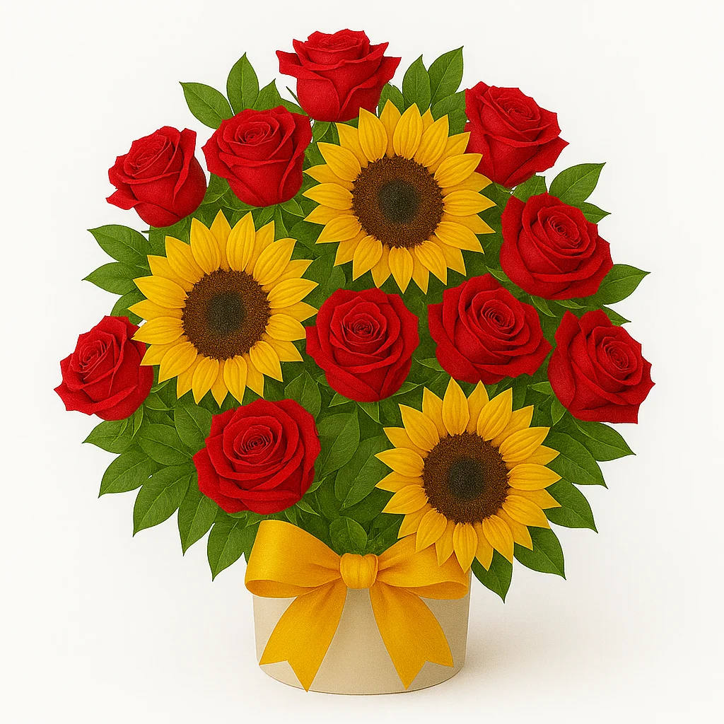 Girasoles con rosas rojas en base redonda