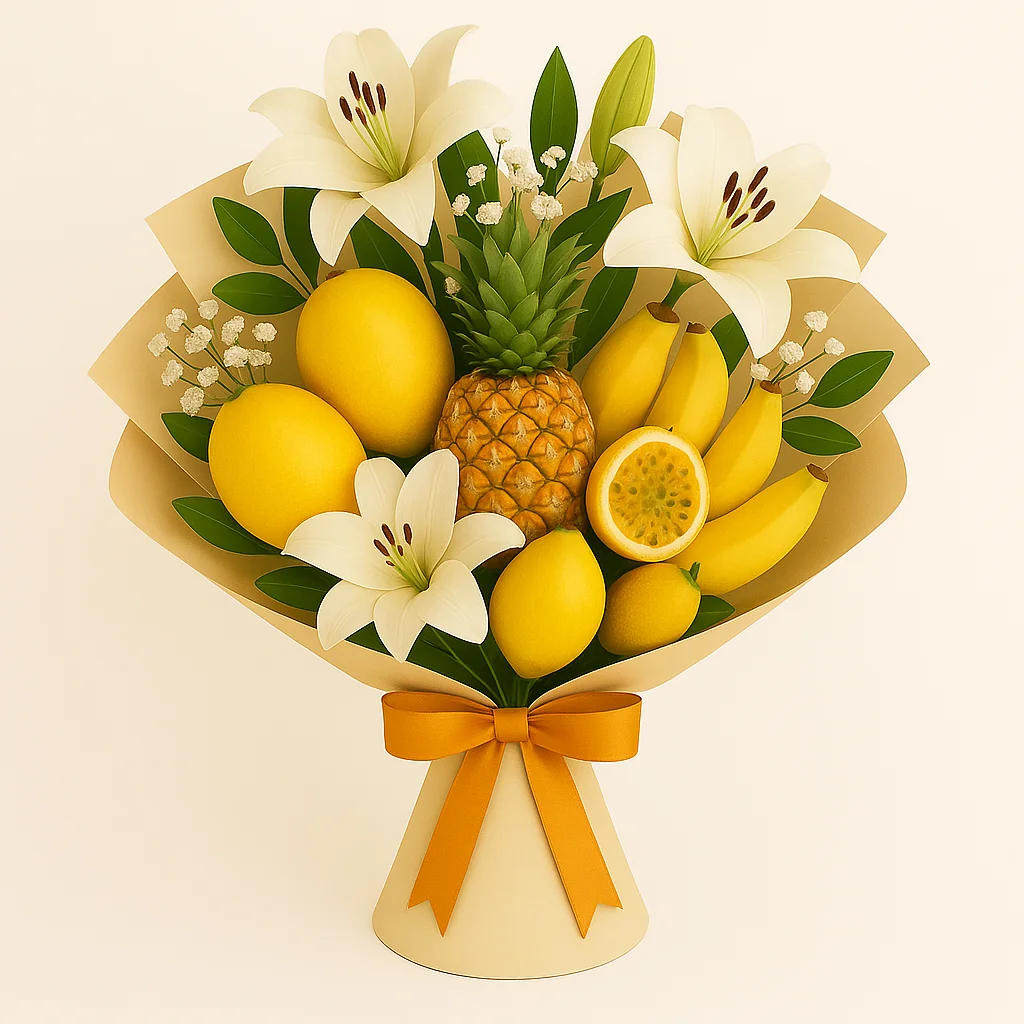 Ramo de Flores Blancas con Frutas Tropicales