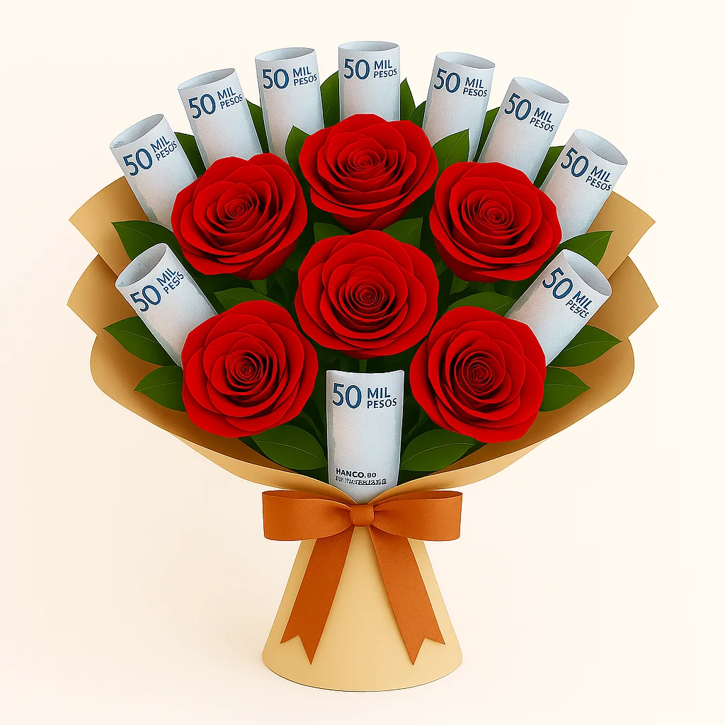 Ramo de Rosas con Billetes Enrollados