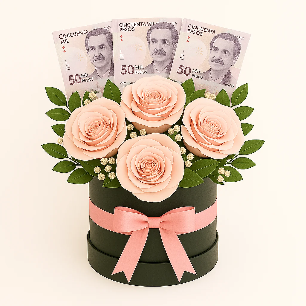 Ramo en Caja con Flores y Billetes