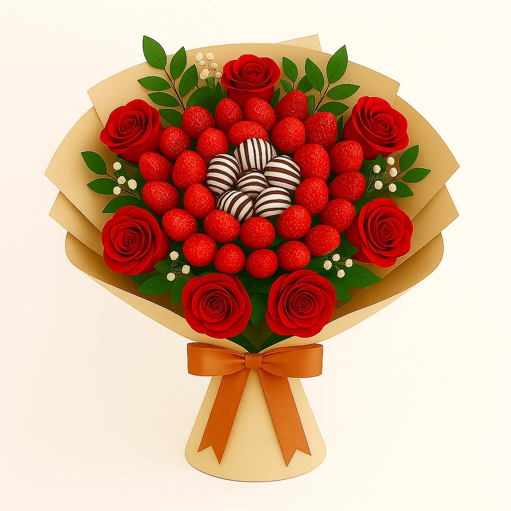 Ramo en Espiral con Fresas y Rosas